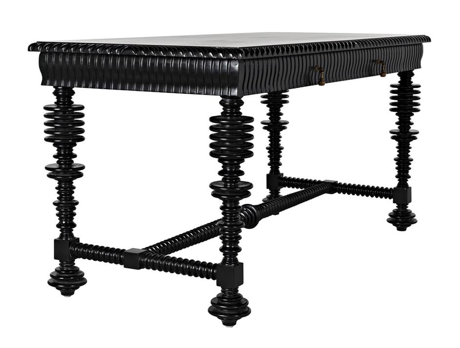 Portuguese Small Desk in Hand-Rubbed Black Mahogany with Brass Pulls by Noir Furniture