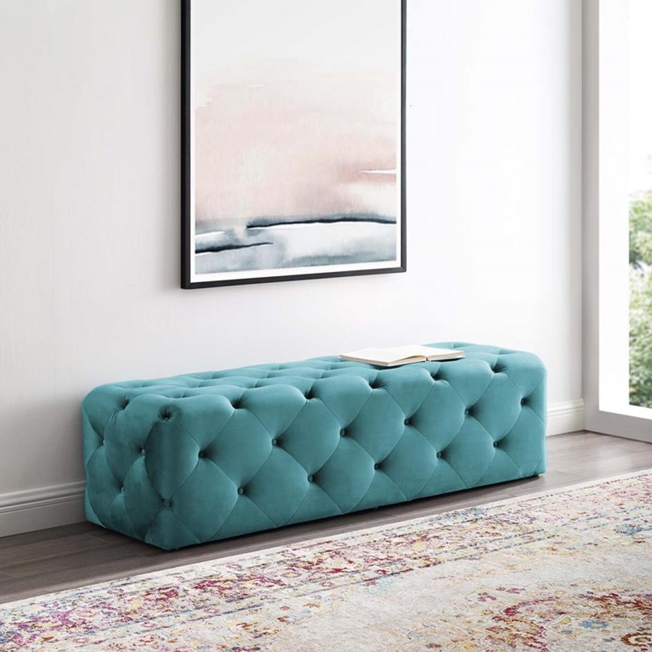 Carole 60" Tufted Button Entryway Performance Velvet Bench In Sea Blue by Modway Furniture