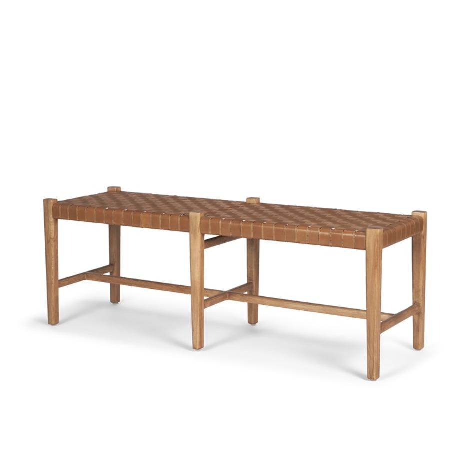 Shane Brown Wood w/ Woven Brown Leather Bench by Mercana