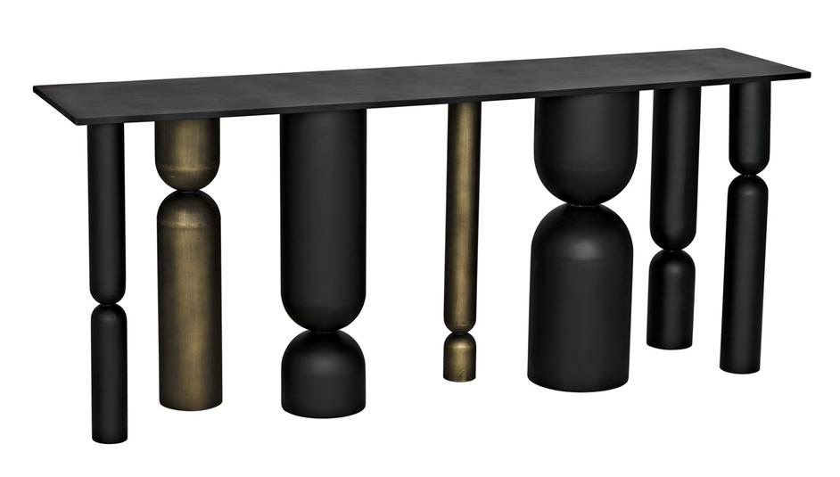Figaro Console Table in Matte Black Industrial Steel with Aged Brass Accents by Noir Furniture