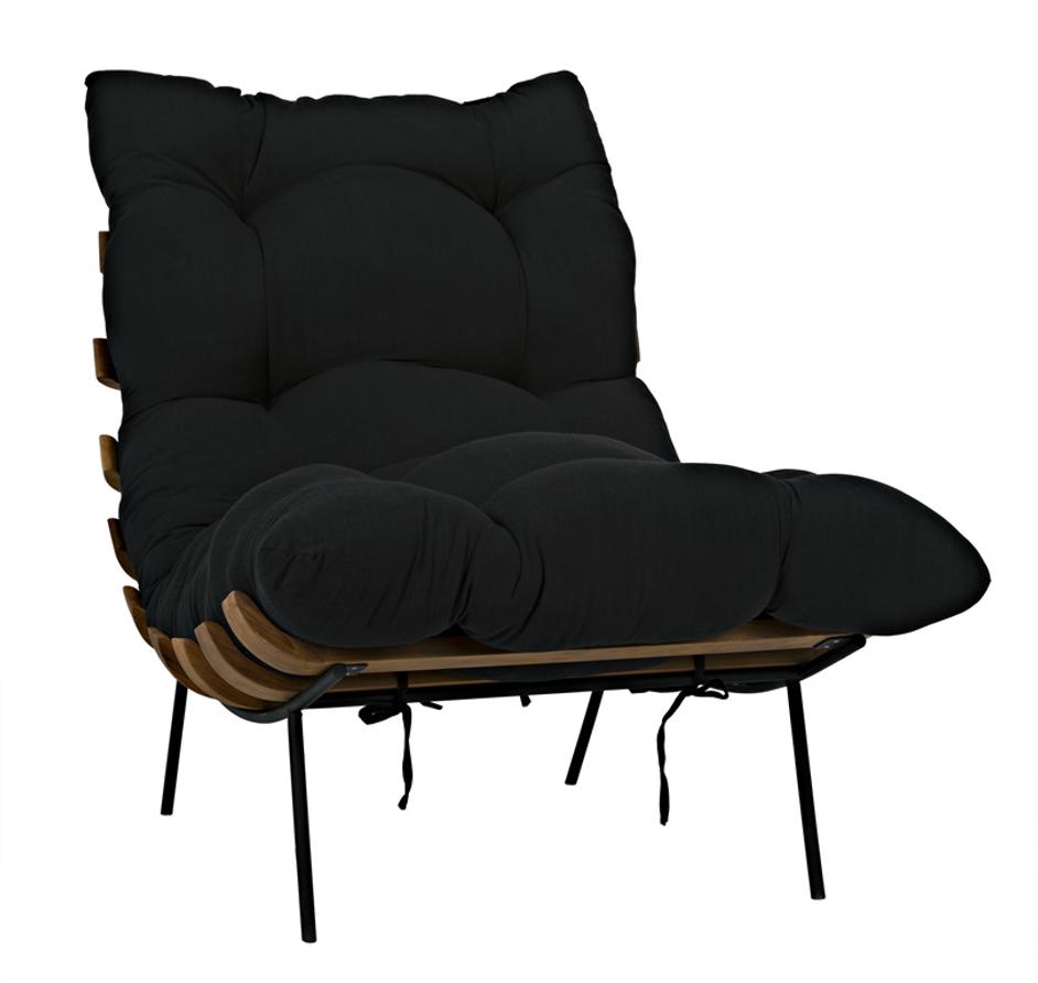 Hanzo Teak Chair with Industrial Steel Legs and Black Cotton Cushion, Satin Finish by Noir Furniture