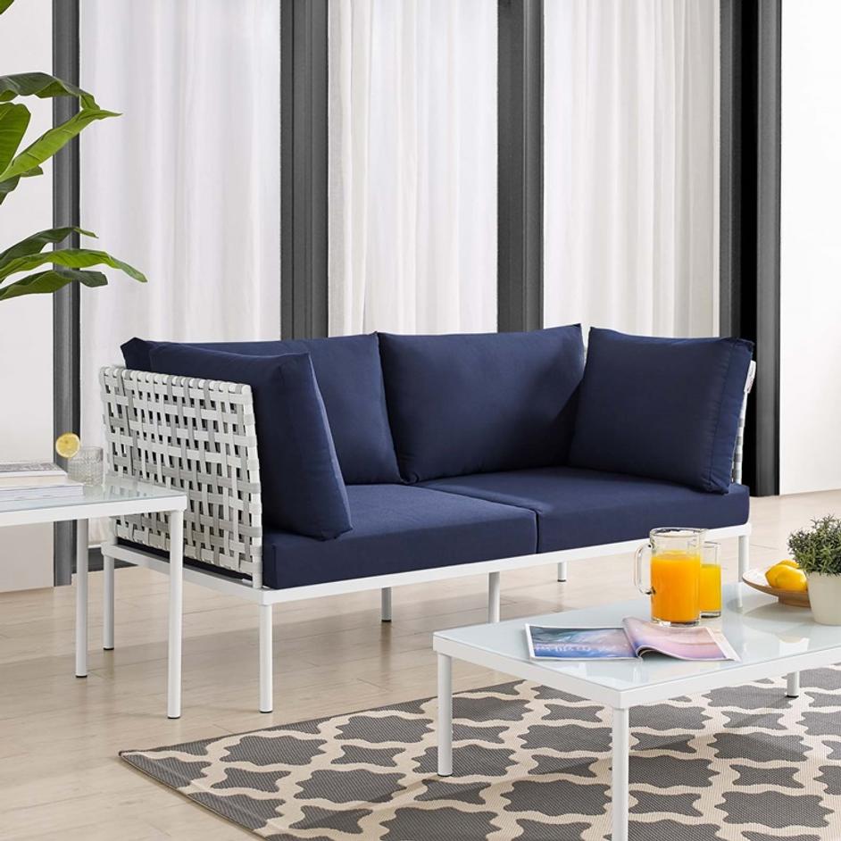 Concord Sunbrella® Basket Weave Outdoor Patio Aluminum Loveseat In Taupe Navy by Modway Furniture