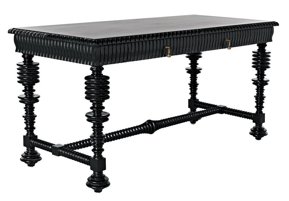 Portuguese Small Desk in Hand-Rubbed Black Mahogany with Brass Pulls by Noir Furniture