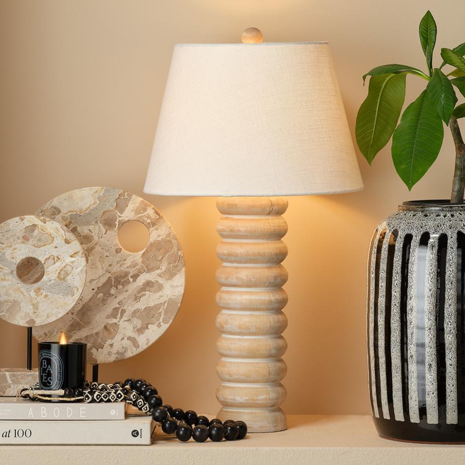 Abacus Mango Wood Table Lamp with Linen Shade by Jamie Young