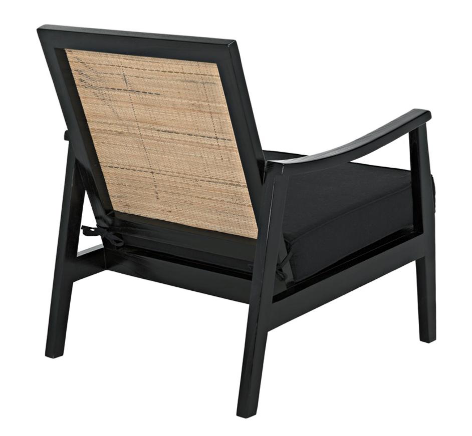 Lichtenstein Sungkai and Mindi Wood Chair with Peeled Rattan Detailing in Charcoal Black with Black Cotton Upholstery by Noir Furniture