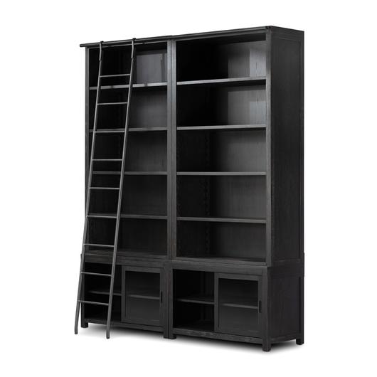 Admont Double Bookcase W Ladder In Worn Blk by FOUR HANDS