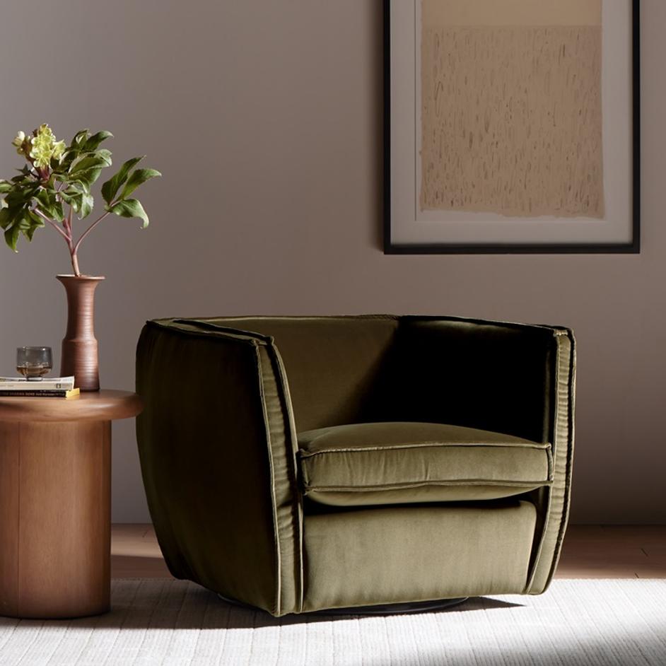 Rashi Swivel Chair In Surrey Olive by FOUR HANDS