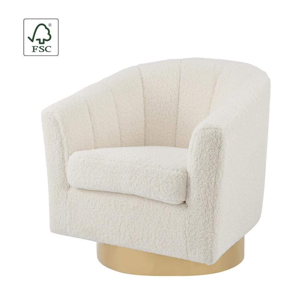Natasha Faux Shearling Fabric w/ Gold Metal Swivel Accent Arm Chair In Shearling Beige by New Pacific Direct