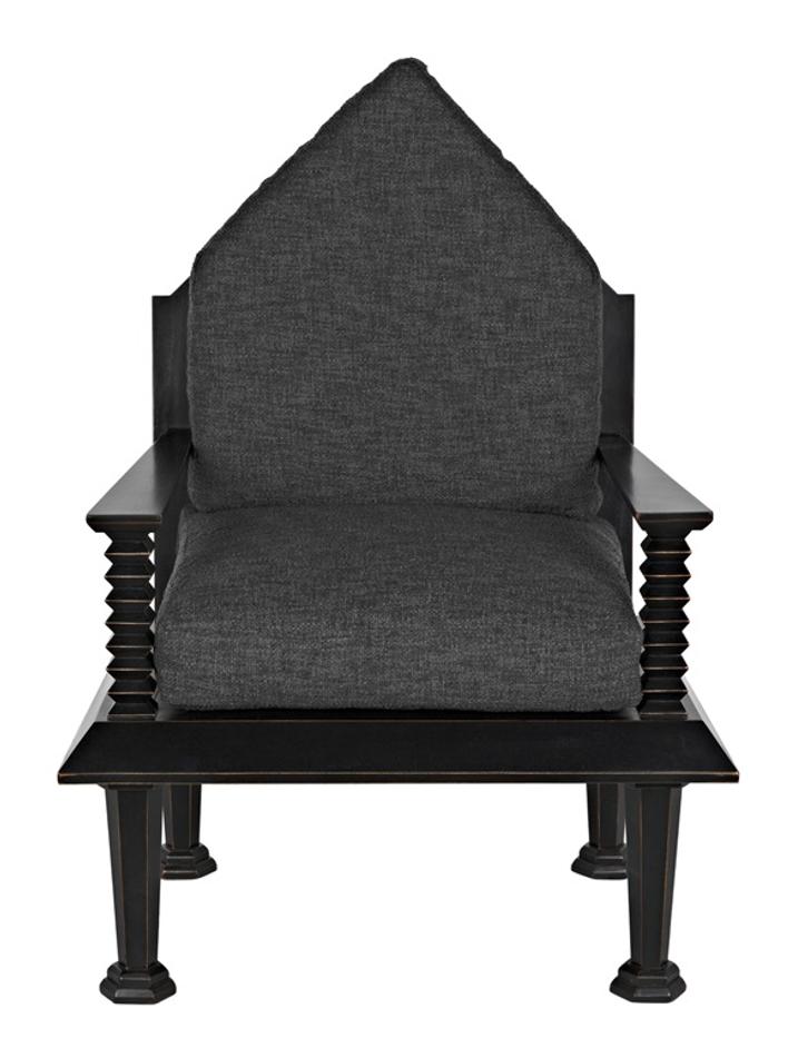 Resurrection Mahogany Chair with Grey Fabric Cushions in Hand-Rubbed Black Finish by Noir Furniture
