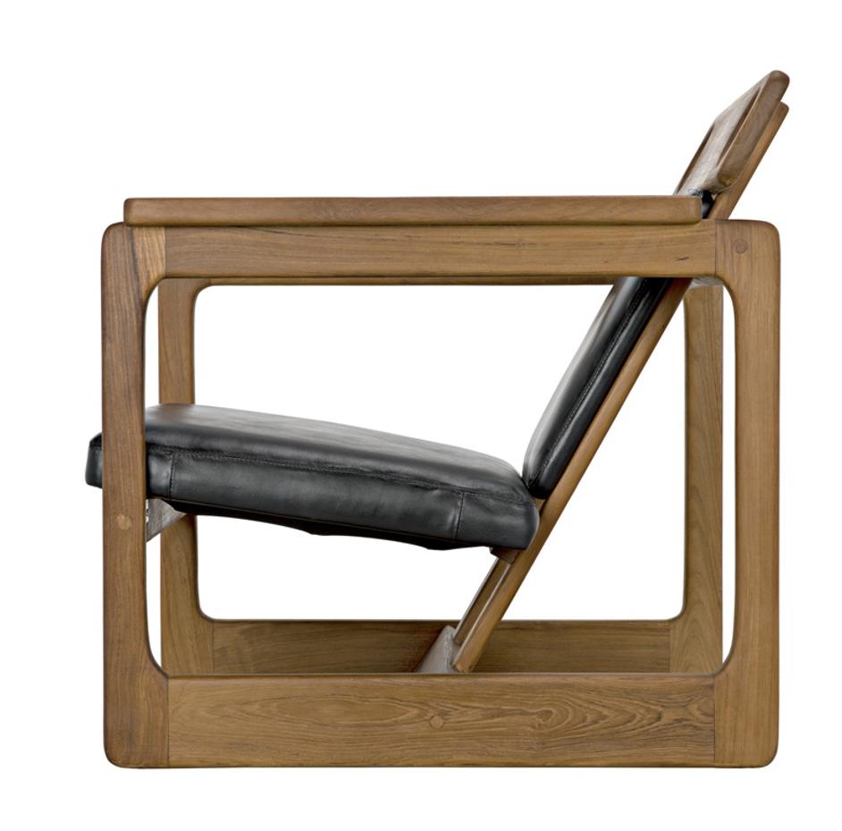 Buraco Teak Relax Chair with Gloss Finish and Black Leather Upholstery by Noir Furniture