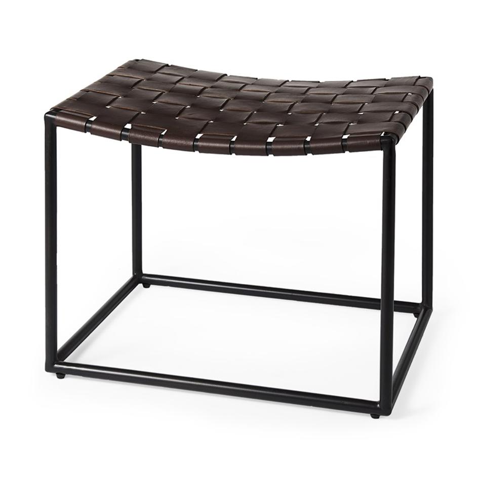 Clarissa 22.0L x 16.0W x 16.5H Brown Leather Woven Seat W/ Black Metal Frame Stool by Mercana