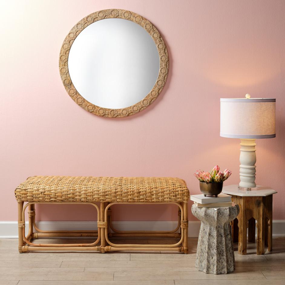  Relief Wood Carved Round Wall Mirror by Jamie Young