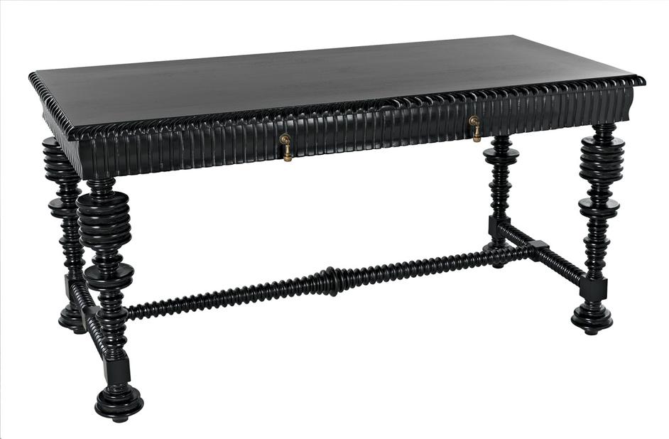 Portuguese Small Desk in Hand-Rubbed Black Mahogany with Brass Pulls by Noir Furniture