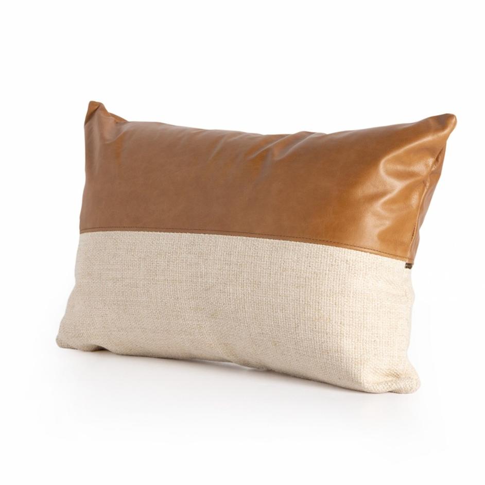 Leather and Linen Pillow In Sonoma Butterscotch And Thames Cream And Sonoma Butterscotch And 16"x24" by Four Hands