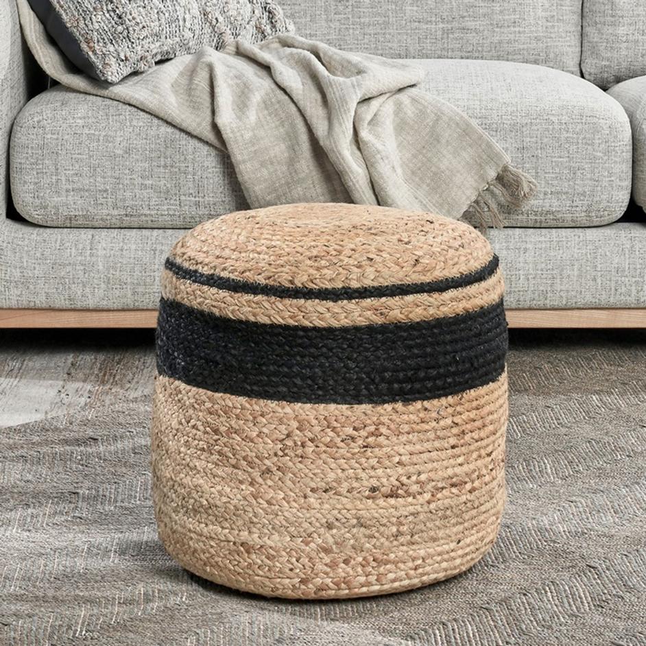 Faro Jute Natural/Black Pouf by Classic Home