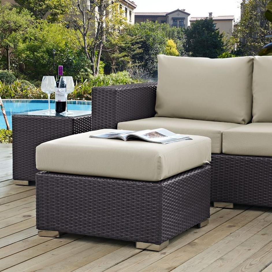 Minerva Outdoor Patio Fabric Square Ottoman In Espresso Beige by Modway Furniture