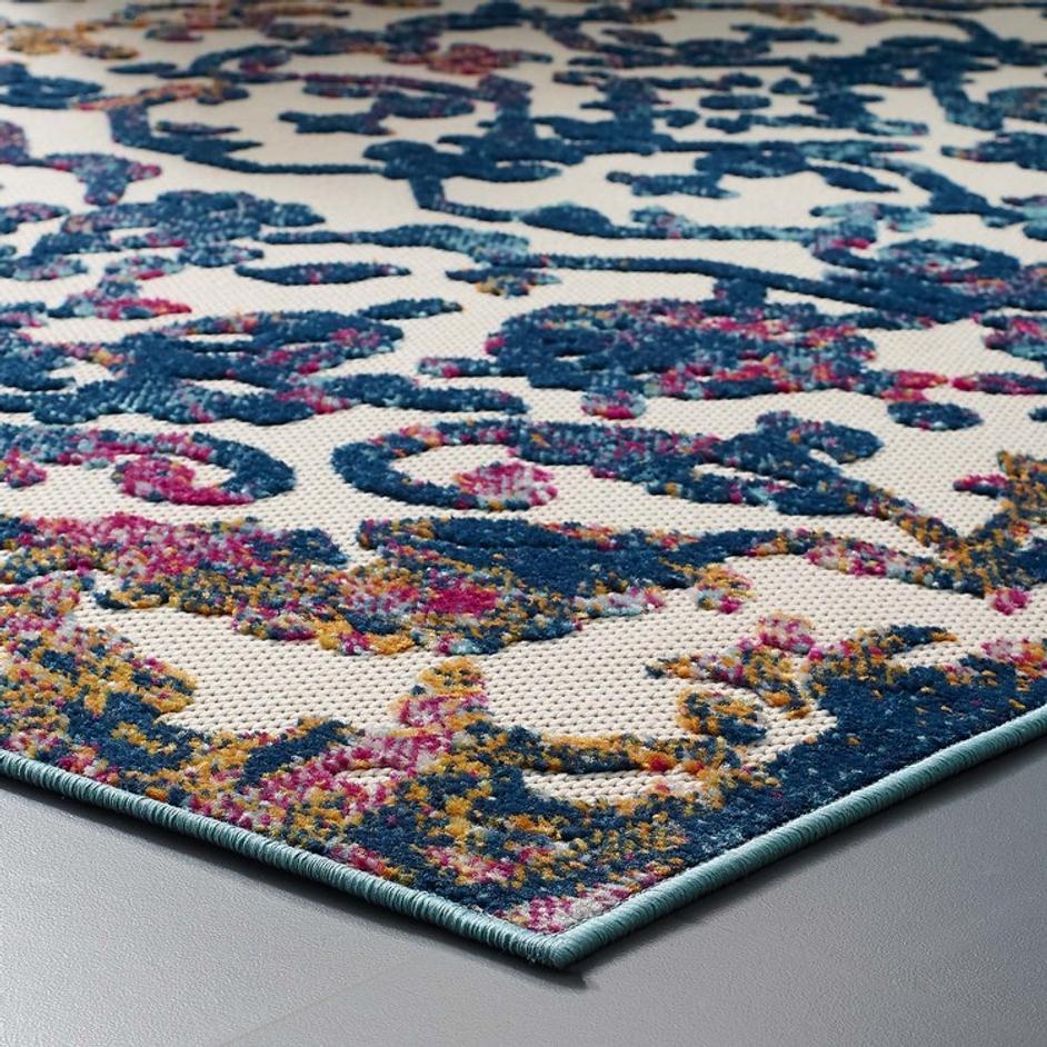 Burket Primrose Ornate Floral Lattice 5X8 Indoor/Outdoor Area Rug In Ivory, Dark Blue, Multicolored by Modway Furniture