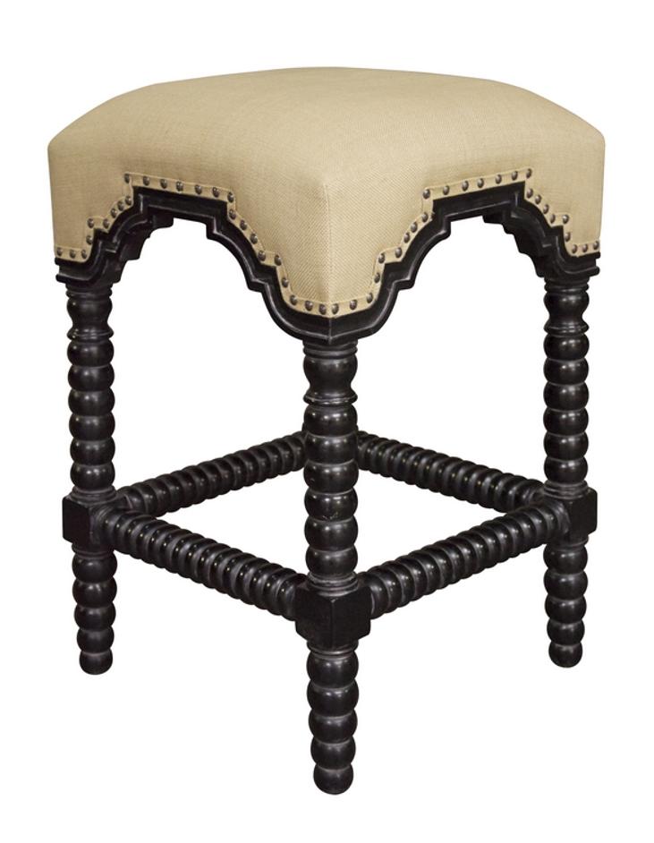Abacus Mahogany Counter Stool in Hand-Rubbed Black with Olive Cotton Fabric by Noir Furniture