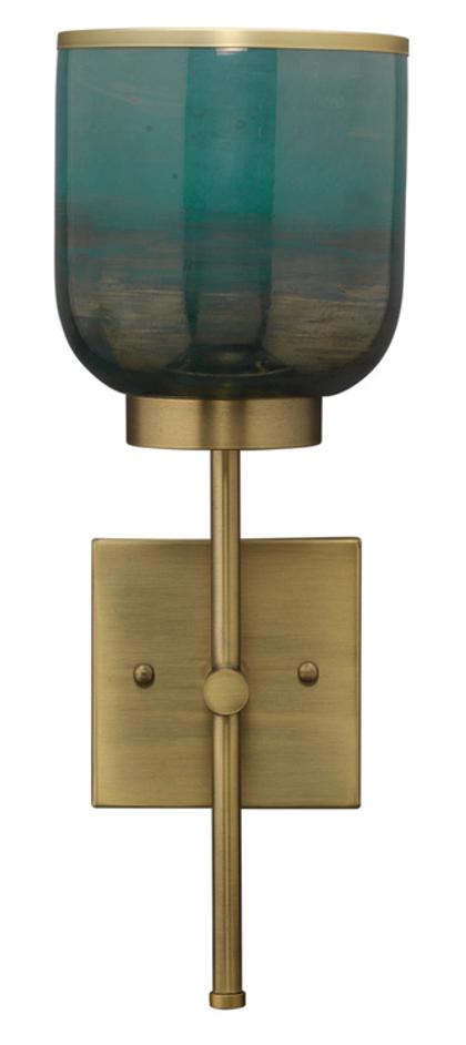 Vapor Single Sconce, Antique Brass and Aqua Metallic Glass by Jamie Young