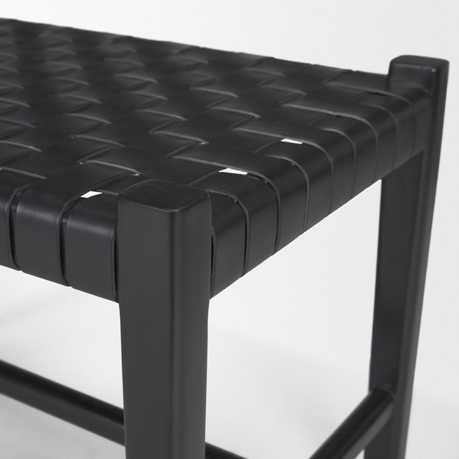 Shane Black Wood w/ Woven Black Leather Bench by Mercana