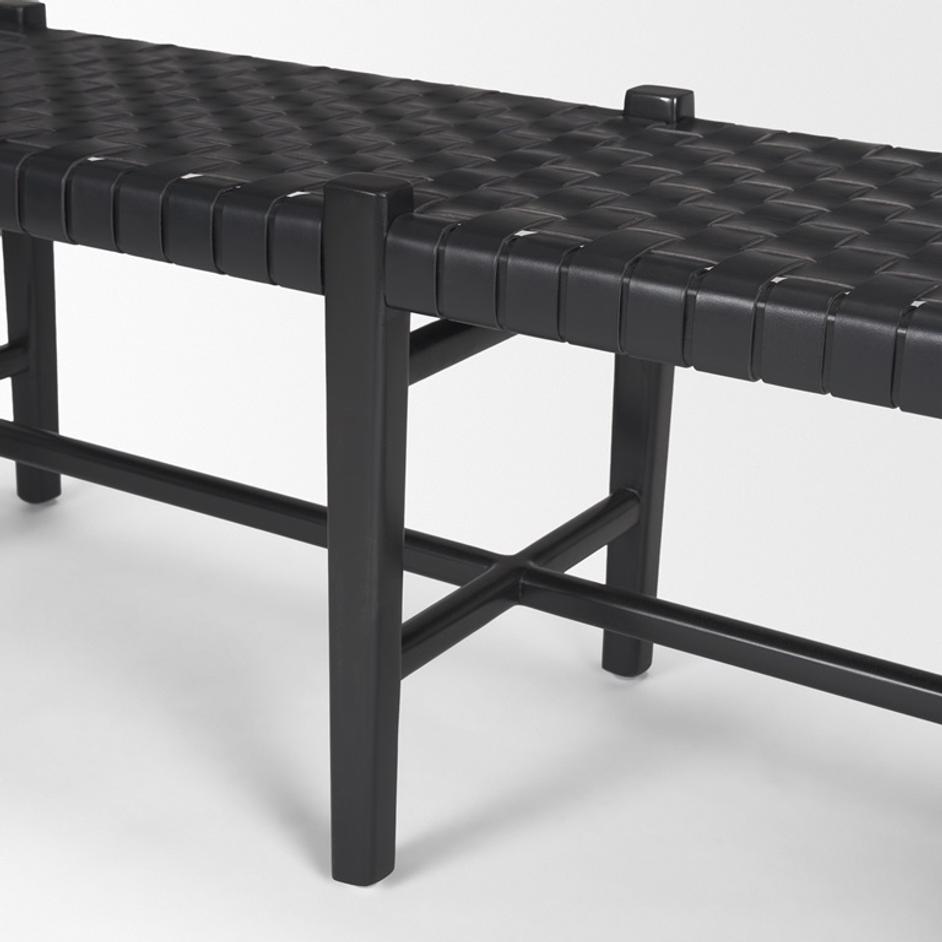 Shane Black Wood w/ Woven Black Leather Bench by Mercana