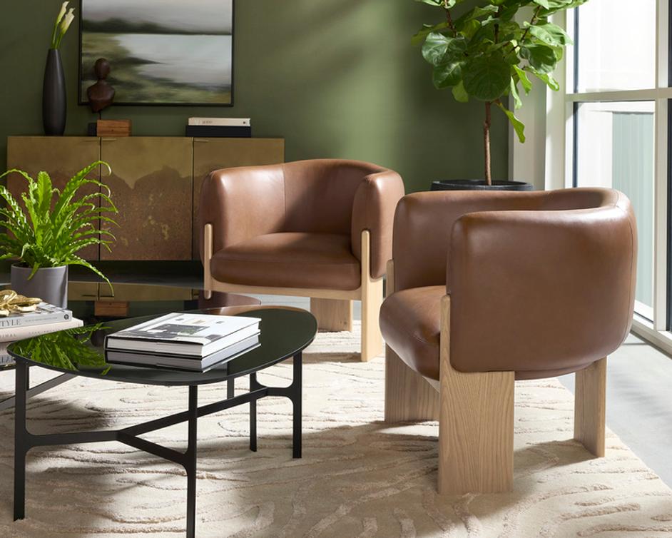 TRINE LOUNGE CHAIR - RUSTIC OAK - VINTAGE CAMEL LEATHER by Sunpan