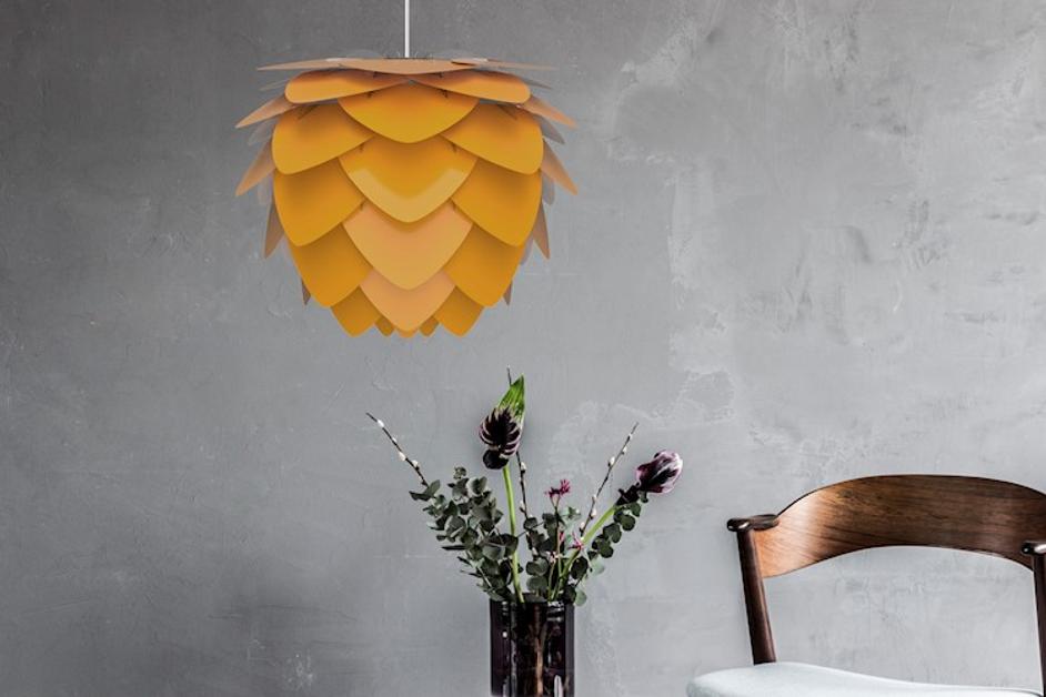 Aluvia Medium Hardwired Pendant in Saffron with Black Cord by UMAGE
