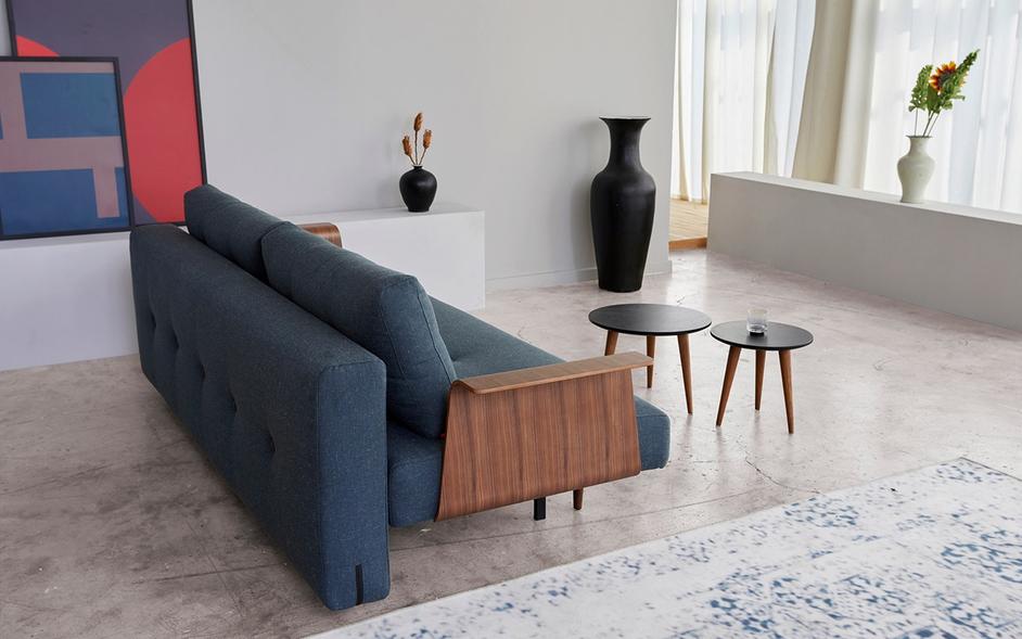 RECAST PLUS SOFABED W/ARMS in NIST BLUE FABRIC WITH Dark wood LEGS 515 by INNOVATION USA