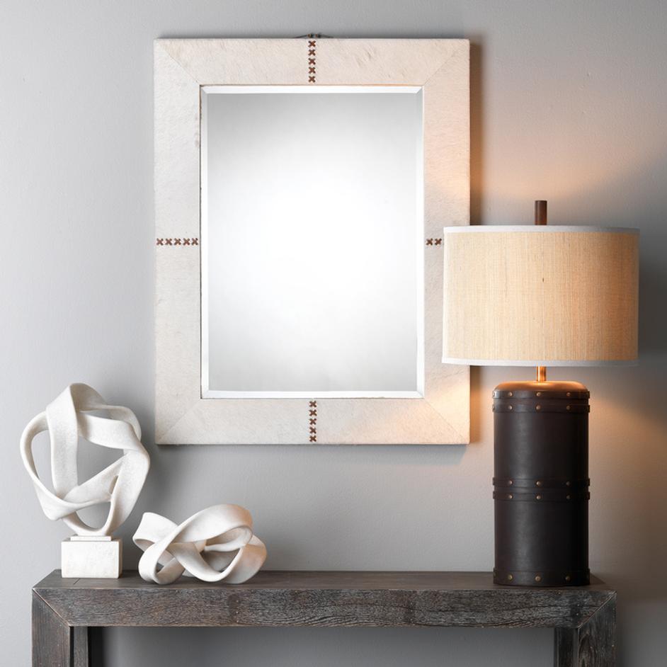 Barrell Leather Table Lamp with Elephant Hemp Shade by Jamie Young