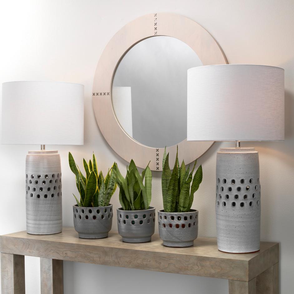 Round Cross Stitch Round Wall Mirror, White Hide by Jamie Young