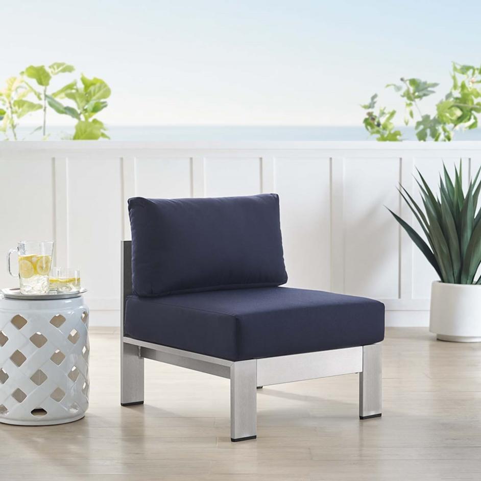 Nantucket Sunbrella® Fabric Aluminum Outdoor Patio Armless Chair In Silver Navy by Modway Furniture