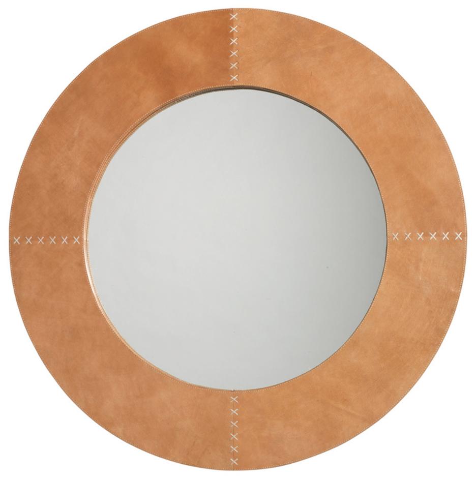 Round Cross Stitch Round Wall Mirror, Buff Leather by Jamie Young