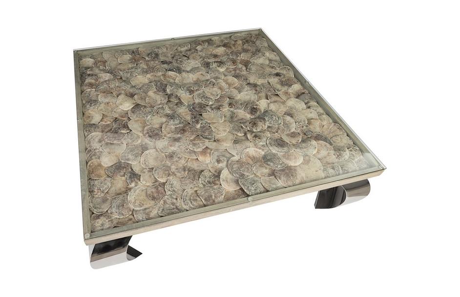 Shell Coffee Table, Glass Top, Ming Stainless Steel Legs by PHILLIPS COLLECTION