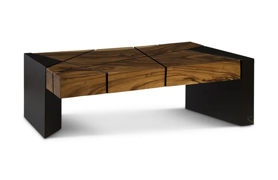 Criss Cross Coffee Table on Black Iron Legs, Chamcha Wood by PHILLIPS COLLECTION