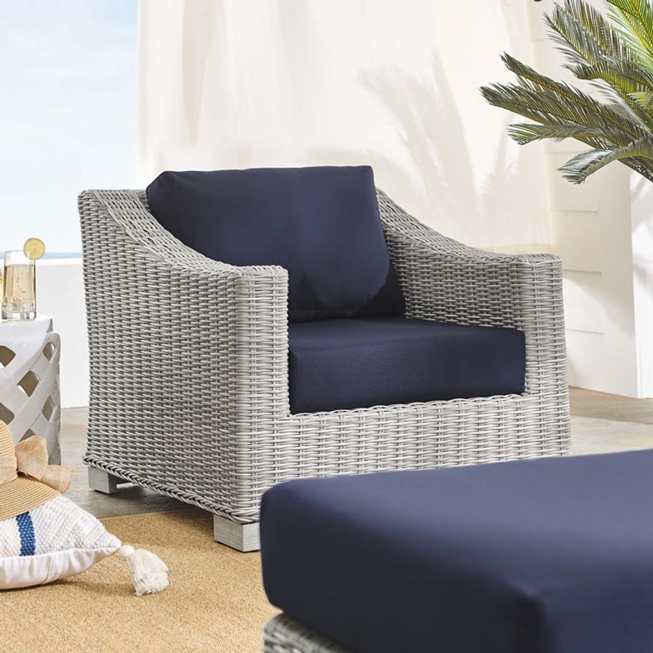 Rosie Sunbrella® Outdoor Patio Wicker Rattan 2-Piece Armchair And Ottoman Set In Light Gray Navy by Modway Furniture