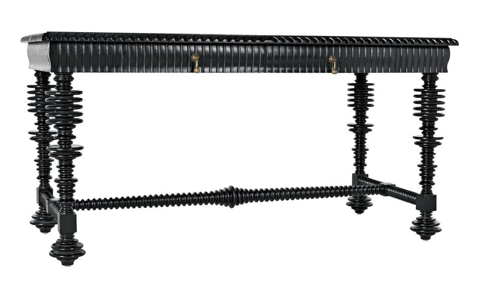 Portuguese Small Desk in Hand-Rubbed Black Mahogany with Brass Pulls by Noir Furniture