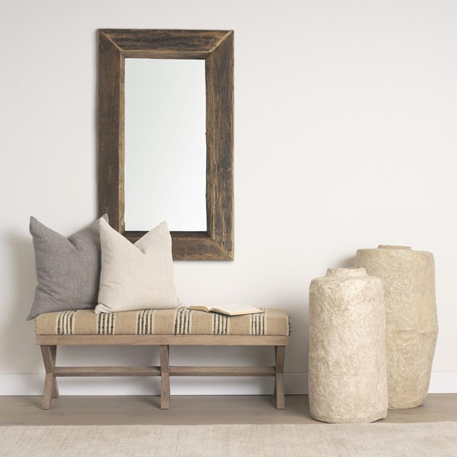 Solis 50L x 16W Brown Base Upholstered Beige/Black Stripe Seat Accent Bench by Mercana