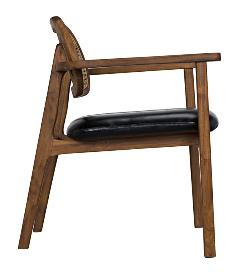 Tolka Teak Chair with Black Leather and Caning, Clear Coat Flat Finish by Noir Furniture