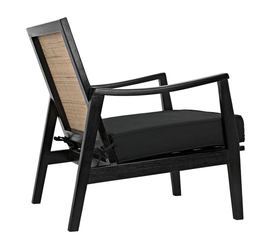 Lichtenstein Sungkai and Mindi Wood Chair with Peeled Rattan Detailing in Charcoal Black with Black Cotton Upholstery by Noir Furniture
