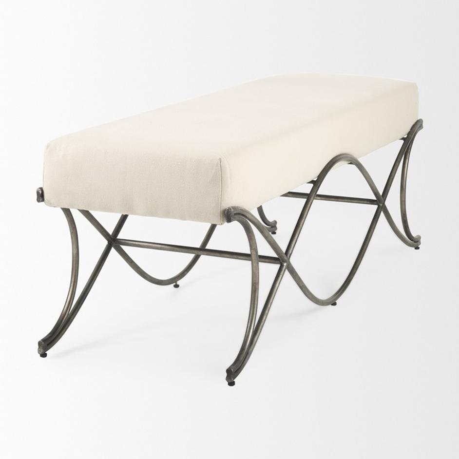 Ayla 55L x 17.6W x 18H Cream Fabric Seat W/ Antique Nickel Frame Bench by Mercana