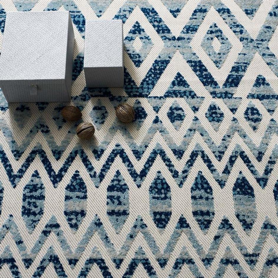 Burket Tamako Diamond And Chevron Moroccan Trellis 8X10 Indoor / Outdoor Area Rug In Ivory And Blue by Modway Furniture
