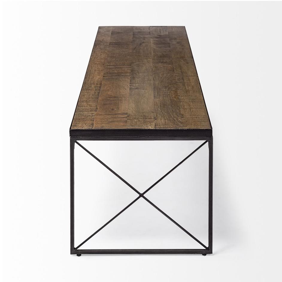 Trestman III 66L x 18W Brown Wood Top W/Black Iron Base Accent Bench by Mercana