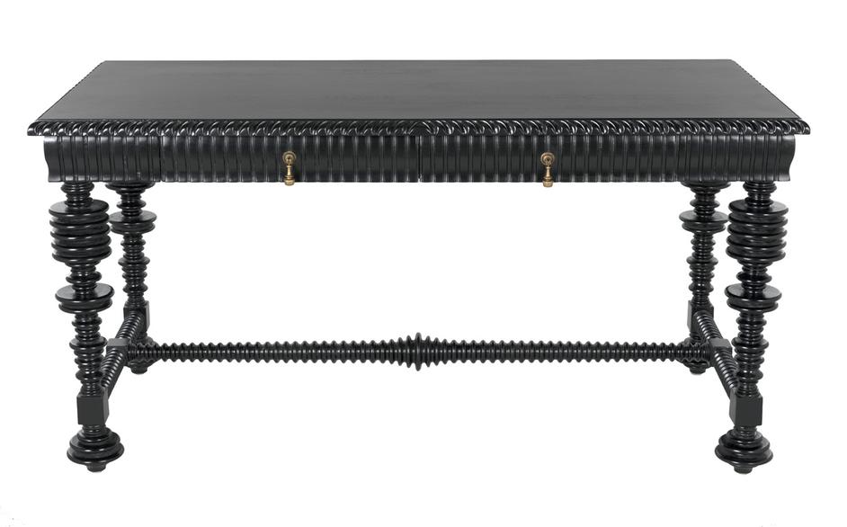 Portuguese Small Desk in Hand-Rubbed Black Mahogany with Brass Pulls by Noir Furniture