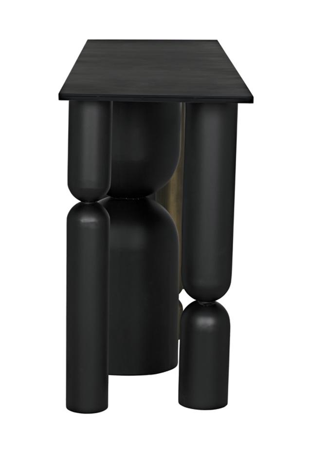 Figaro Console Table in Matte Black Industrial Steel with Aged Brass Accents by Noir Furniture