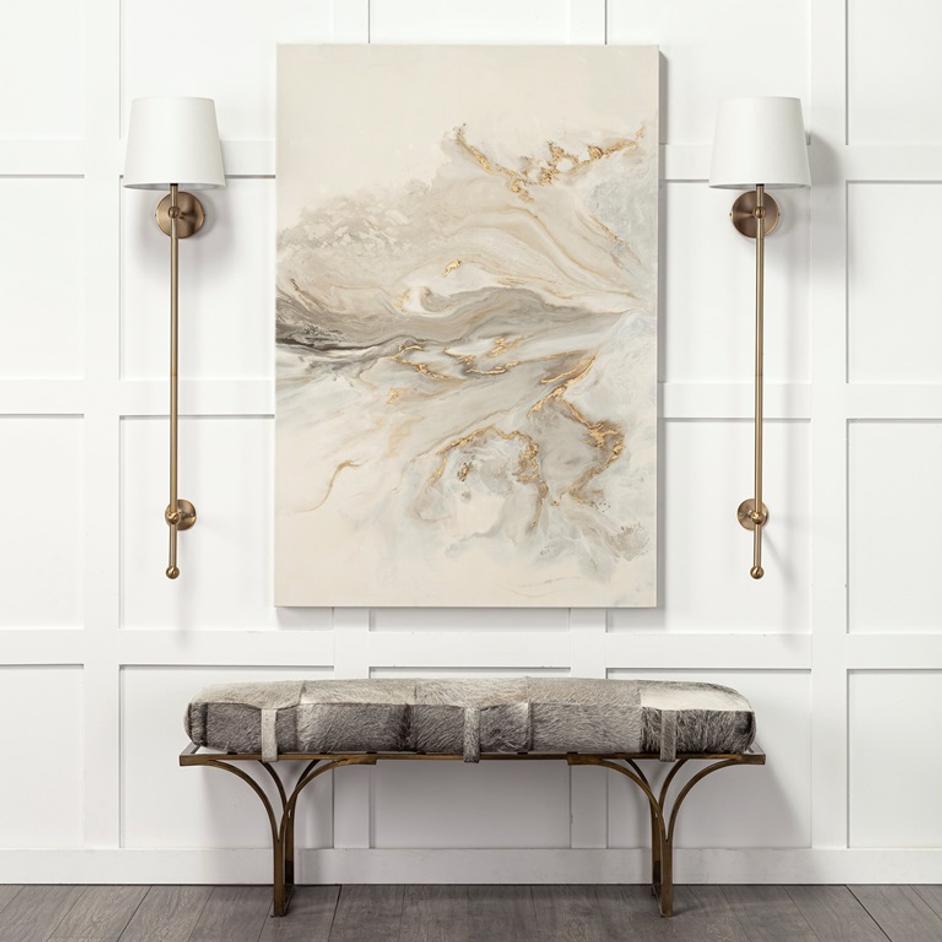 Jessie 55L x 16W White/Gray Hair-On-Hide Seat W/Gold Metal Base Accent Bench by Mercana