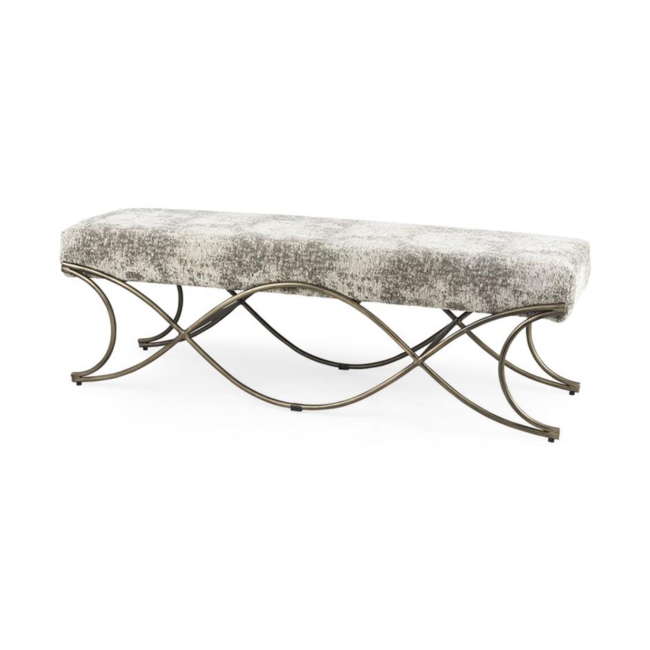 Ayla 55L x 17.6W x 18H Light and Dark Gray Fabric Seat W/ Antique Gold Metal Frame Bench by Mercana
