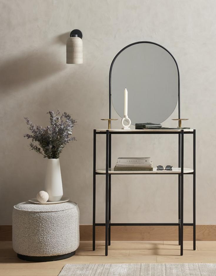 Sinclair Round Ottoman In Knoll Domino by FOUR HANDS