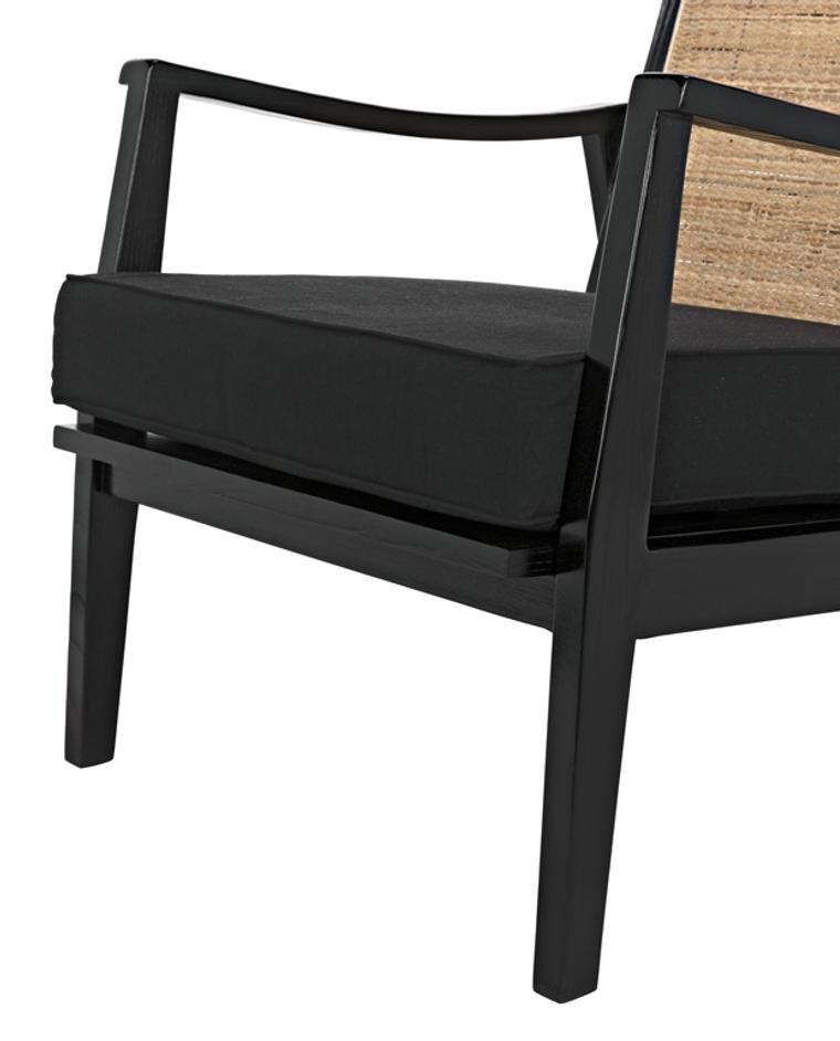 Lichtenstein Sungkai and Mindi Wood Chair with Peeled Rattan Detailing in Charcoal Black with Black Cotton Upholstery by Noir Furniture