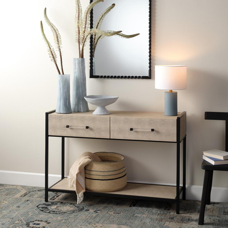 Cassius Faux Shagreen 2-Drawer Console, Taupe by Jamie Young