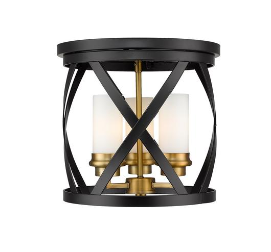 Malcalester 3 Light Flush Mount in Matte Black + Olde Brass Finish by Z-Lite